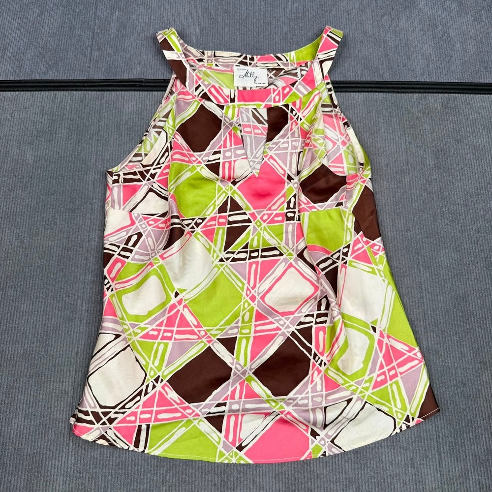 Milly of New York Silk Geometric Abstract Halter Blouse Pink Green Brown Y2k